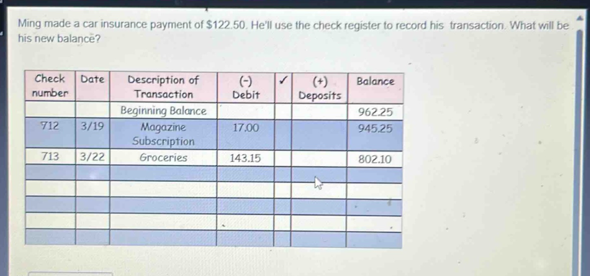 ming made a car insurance payment of $122.50. hell use the check register to record his transaction. what will be his new balance?\ncheck number date description of transaction (-) debit (+) deposits balance\nbeginning balance 962.25\n712 3/19 magazine subscription 17.00 945.25\n713 3/22 groceries 143.15 802.10