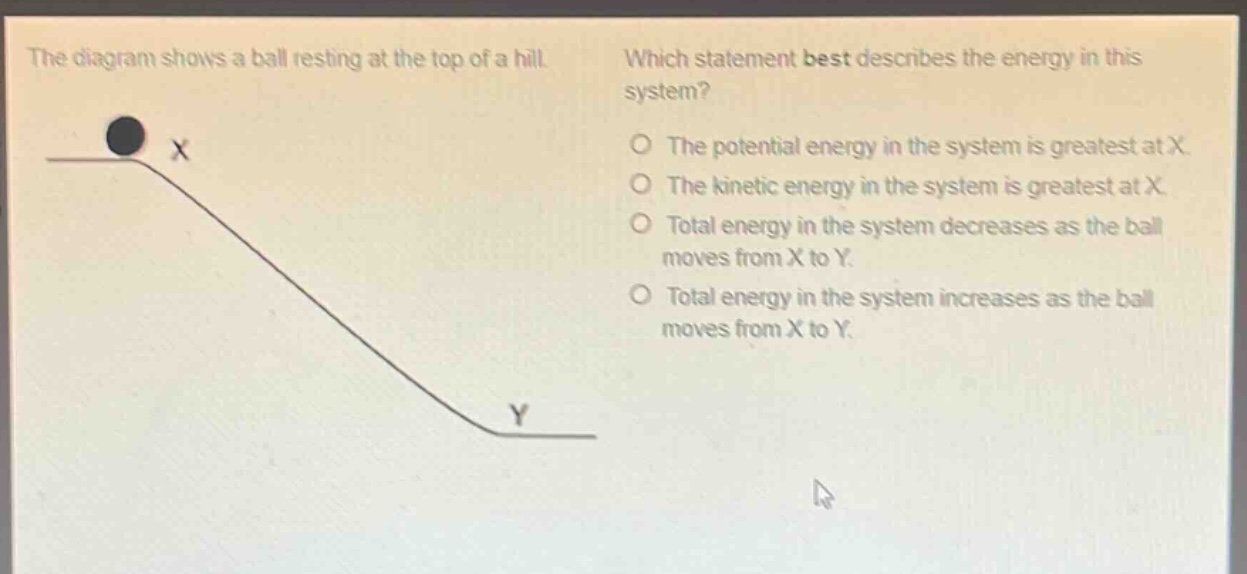 the diagram shows a ball resting at the top of a hill. which statement best describes the energy in this system? o the potential energy in the system is greatest at x. o the kinetic energy in the system is greatest at x. o total energy in the system decreases as the ball moves from x to y. o total energy in the system increases as the ball moves from x to y.
