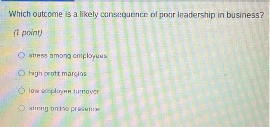 which outcome is a likely consequence of poor leadership in business? (1 point)\n○ stress among employees\n○ high profit margins\n○ low employee turnover\n○ strong online presence