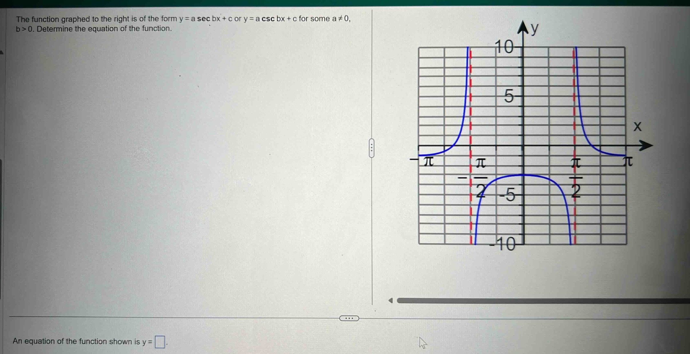 the function graphed to the right is of the form y = a sec bx + c or y = a csc bx + c for some a ≠ 0, b > 0. determine the equation of the function. an equation of the function shown is y =