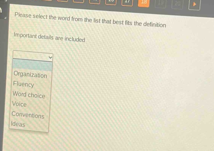 please select the word from the list that best fits the definition. important details are included. organization fluency word choice voice conventions ideas