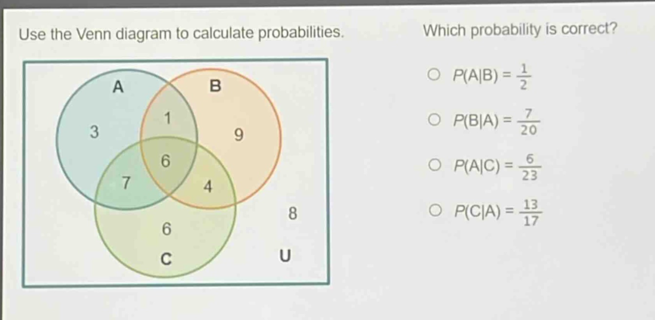 use the venn diagram to calculate probabilities. which probability is correct? $p(a|b)=\frac{1}{2}$ $p(b|a)=\frac{7}{20}$ $p(a|c)=\frac{6}{23}$ $p(c|a)=\frac{13}{17}$