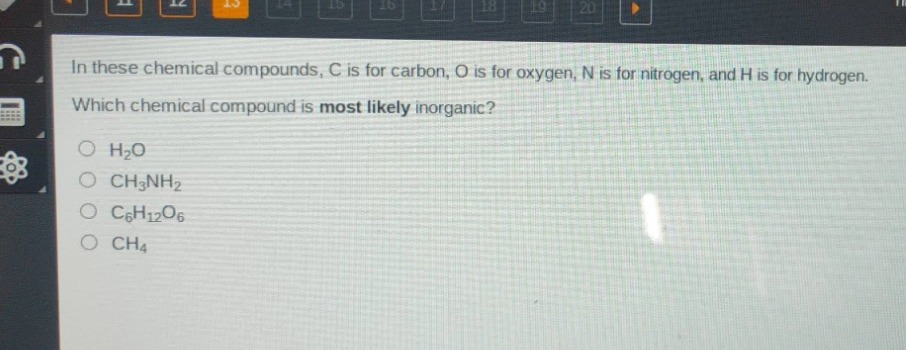 in these chemical compounds, c is for carbon, o is for oxygen, n is for nitrogen, and h is for hydrogen. which chemical compound is most likely inorganic?\no h₂o\no ch₃nh₂\no c₆h₁₂o₆\no ch₄