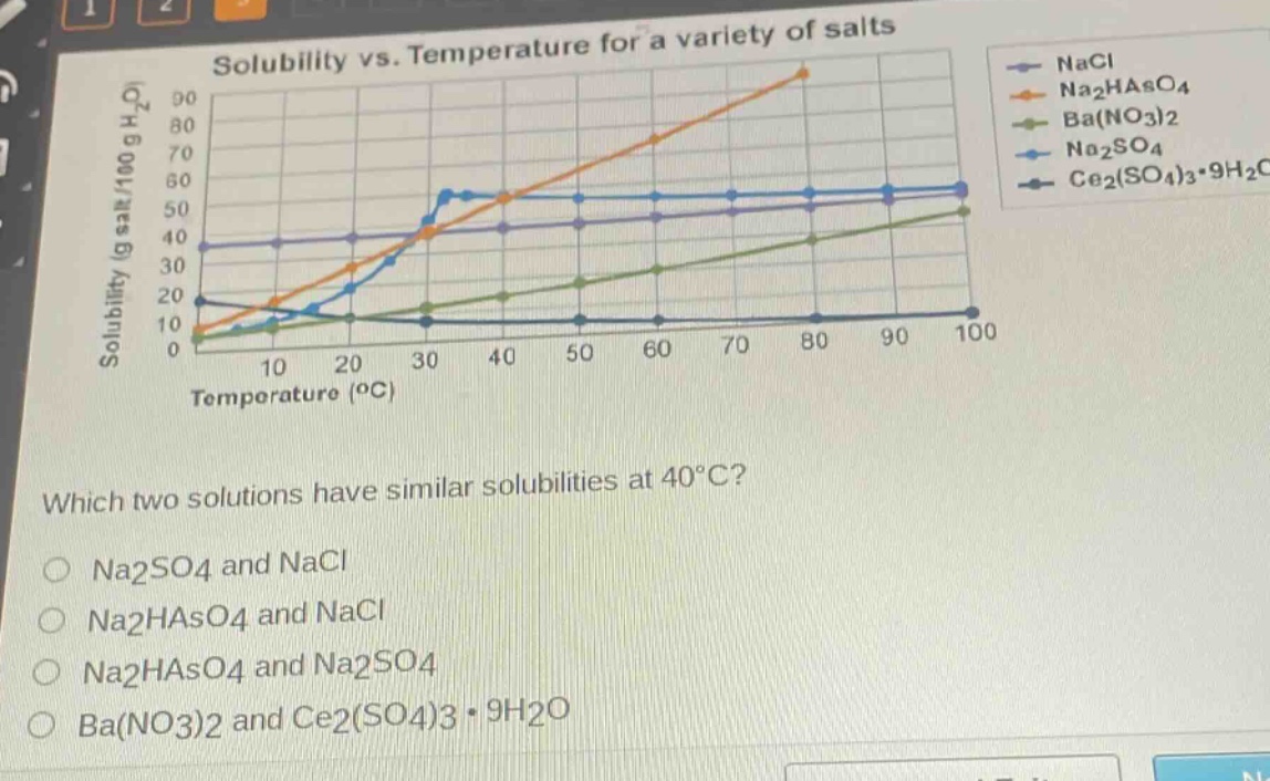 solubility vs. temperature for a variety of salts\nwhich two solutions have similar solubilities at 40°c?\n○ na2so4 and nacl\n○ na2haso4 and nacl\n○ na2haso4 and na2so4\n○ ba(no3)2 and ce2(so4)3·9h2o