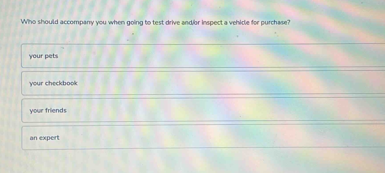 who should accompany you when going to test drive and/or inspect a vehicle for purchase?\nyour pets\nyour checkbook\nyour friends\nan expert
