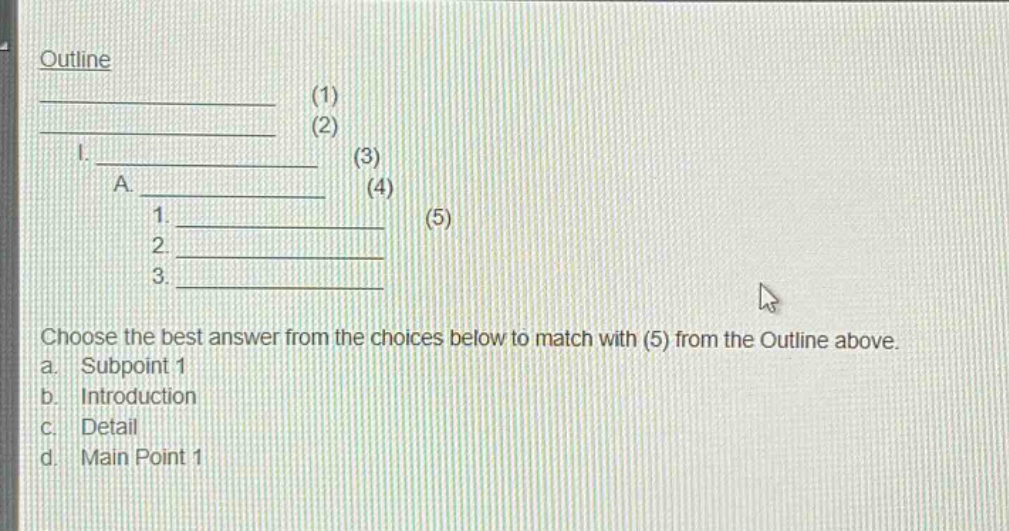 outline\n__________ (1)\n__________ (2)\ni. __________ (3)\n a. __________ (4)\n 1. __________ (5)\n 2. __________\n 3. __________\nchoose the best answer from the choices below to match with (5) from the outline above.\na. subpoint 1\nb. introduction\nc. detail\nd. main point 1
