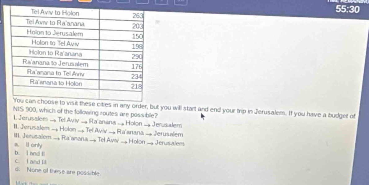 tel aviv to holon 263\ntel aviv to raanana 203\nholon to jerusalem 150\nholon to tel aviv 198\nholon to raanana 290\nraanana to jerusalem 176\nraanana to tel aviv 234\nraanana to holon 218\nyou can choose to visit these cities in any order, but you will start and end your trip in jerusalem. if you have a budget of nis 900, which of the following routes are possible?\ni. jerusalem → tel aviv → raanana → holon → jerusalem\nii. jerusalem → holon → tel aviv → raanana → jerusalem\niii. jerusalem → raanana → tel aviv → holon → jerusalem\na. ii only\nb. i and ii\nc. i and iii\nd. none of these are possible.