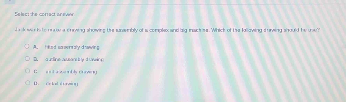 select the correct answer. jack wants to make a drawing showing the assembly of a complex and big machine. which of the following drawing should he use? a. fitted assembly drawing b. outline assembly drawing c. unit assembly drawing d. detail drawing
