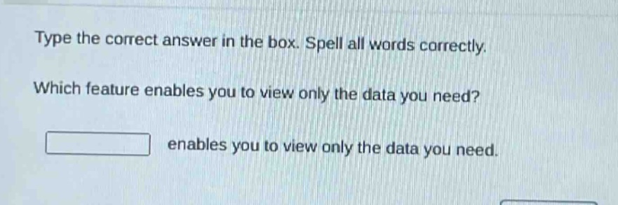 type the correct answer in the box. spell all words correctly. which feature enables you to view only the data you need? enables you to view only the data you need.