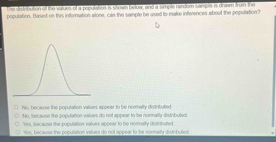 the distribution of the values of a population is shown below, and a simple random sample is drawn from the population. based on this information alone, can the sample be used to make inferences about the population?\n\nno, because the population values appear to be normally distributed.\nno, because the population values do not appear to be normally distributed.\nyes, because the population values appear to be normally distributed.\nyes, because the population values do not appear to be normally distributed.