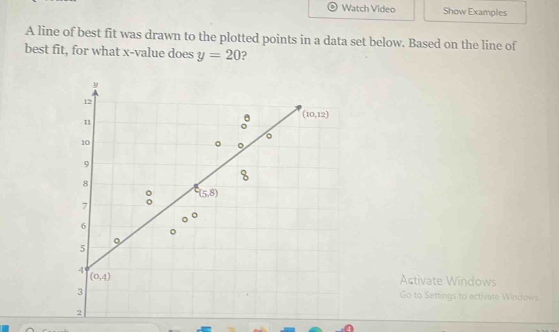 a line of best fit was drawn to the plotted points in a data set below. based on the line of best fit, for what x - value does y = 20?