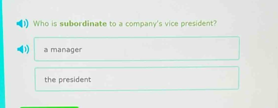 who is subordinate to a companys vice president?\na manager\nthe president