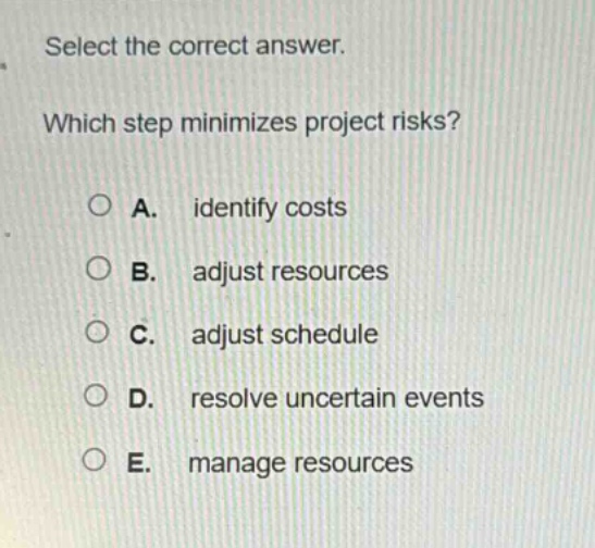 select the correct answer. which step minimizes project risks? a. identify costs b. adjust resources c. adjust schedule d. resolve uncertain events e. manage resources