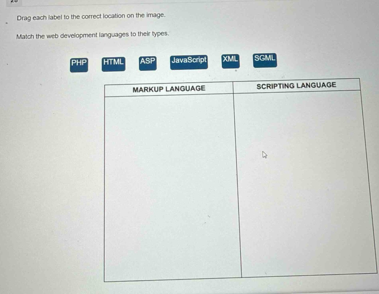 drag each label to the correct location on the image. match the web development languages to their types. php html asp javascript xml sgml markup language scripting language