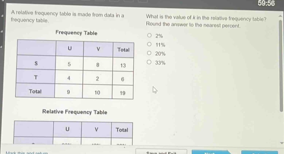 a relative frequency table is made from data in a frequency table. what is the value of k in the relative - frequency table? round the answer to the nearest percent. frequency table\n| | u | v | total |\n|--|--|--|--|\n| s | 5 | 8 | 13 |\n| t | 4 | 2 | 6 |\n| total | 9 | 10 | 19 |\nrelative frequency table\n| | u | v | total |