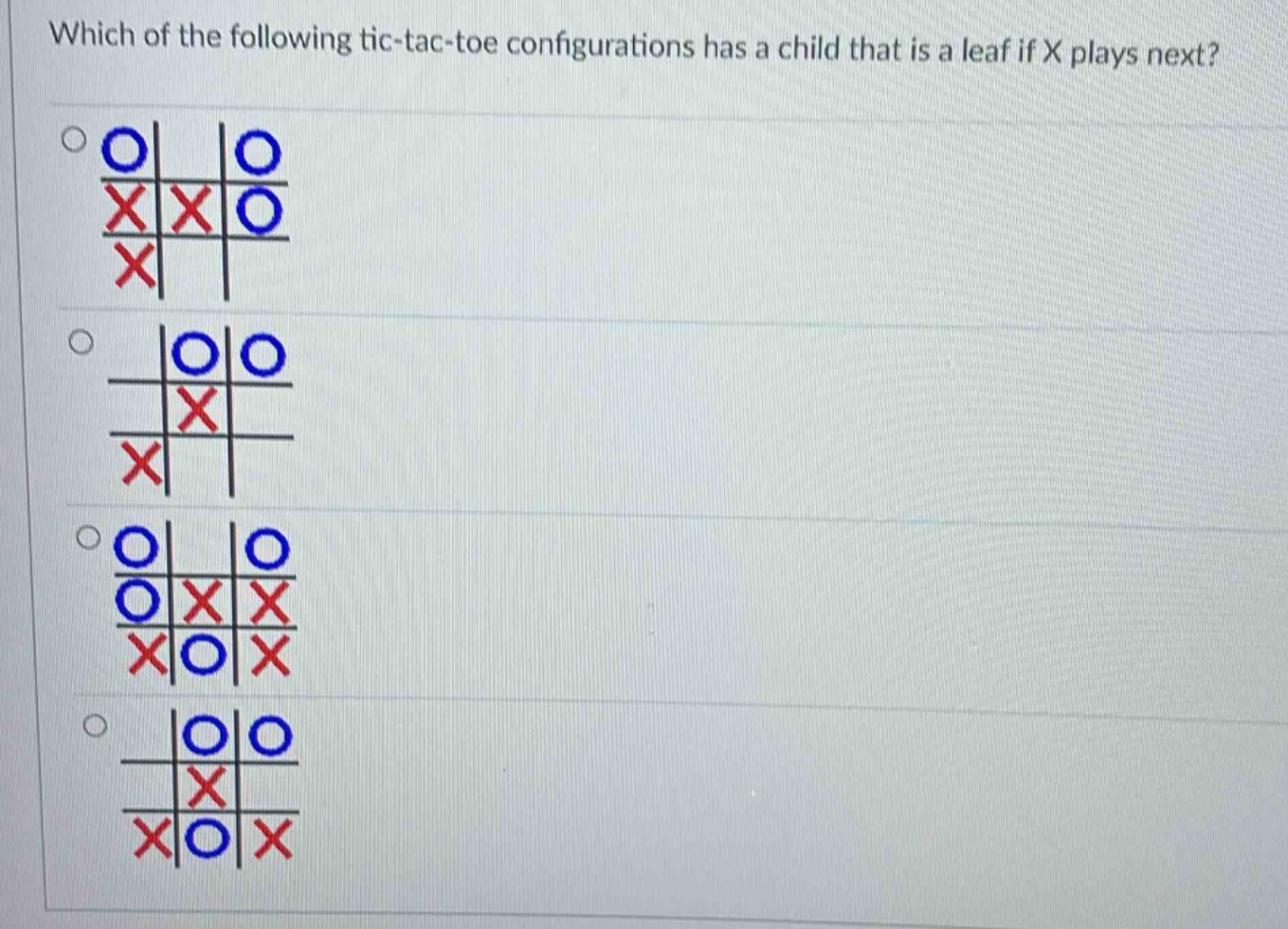 which of the following tic - tac - toe configurations has a child that is a leaf if x plays next?