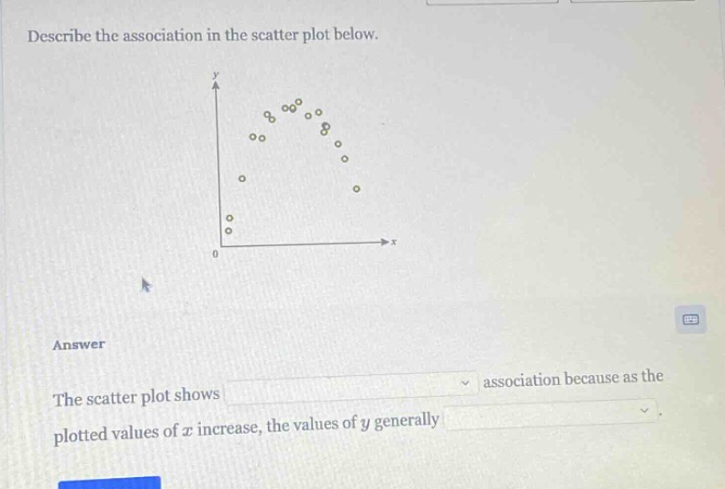 describe the association in the scatter plot below.\nanswer\nthe scatter plot shows association because as the plotted values of x increase, the values of y generally