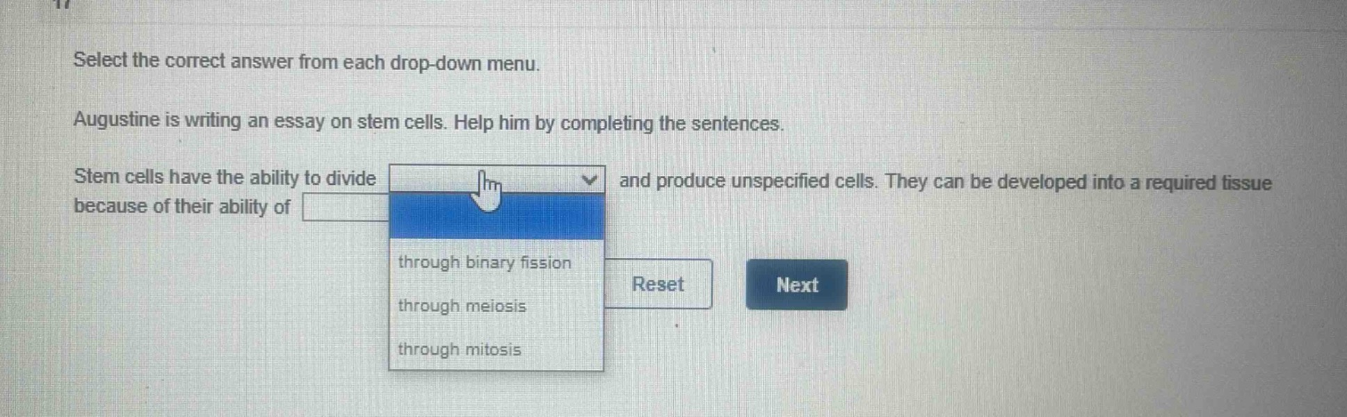 select the correct answer from each drop - down menu. augustine is writing an essay on stem cells. help him by completing the sentences. stem cells have the ability to divide and produce unspecified cells. they can be developed into a required tissue because of their ability of through binary fission through meiosis through mitosis
