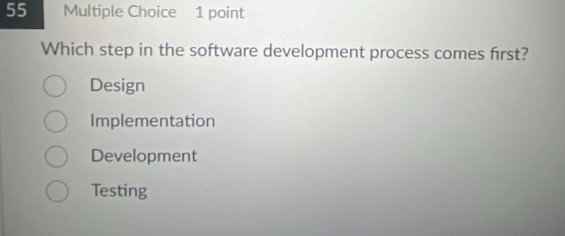 55 multiple choice 1 point which step in the software development process comes first? design implementation development testing
