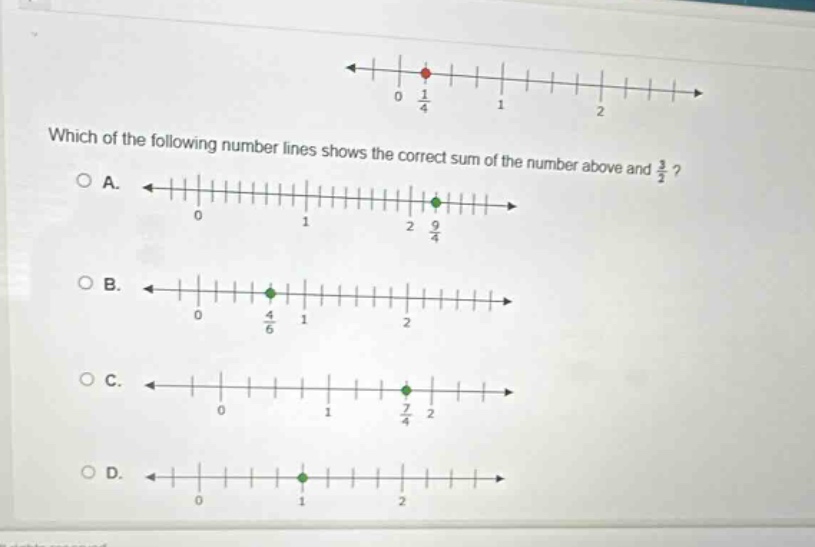 which of the following number lines shows the correct sum of the number above and $\frac{3}{2}$?\no a. ←———————————————————→\n0 1 2 $\frac{9}{4}$\no b. ←———————————————————→\n0 $\frac{4}{6}$ 1 2\no c. ←———————————————————→\n0 1 $\frac{7}{4}$ 2\no d. ←———————————————————→\n0 1 2