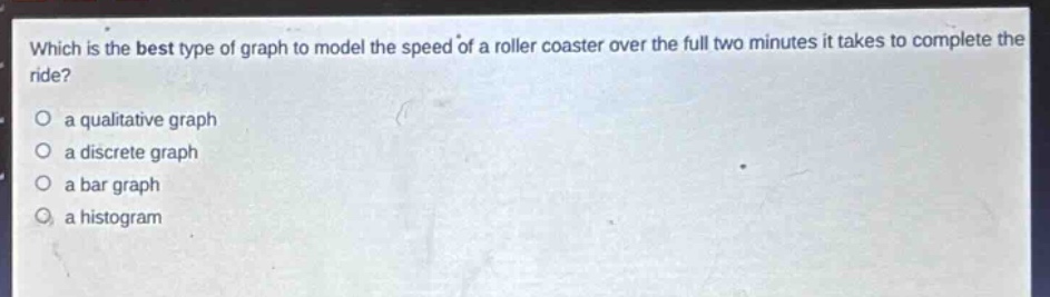 which is the best type of graph to model the speed of a roller coaster over the full two minutes it takes to complete the ride?\no a qualitative graph\no a discrete graph\no a bar graph\no a histogram