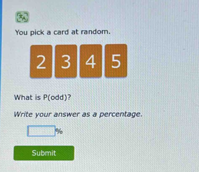 you pick a card at random. what is p(odd)? write your answer as a percentage. %