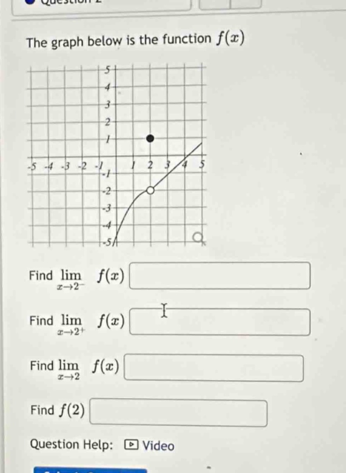 the graph below is the function f(x)\nfind lim_{x→2^-} f(x)\nfind lim_{x→2^+} f(x)\nfind lim_{x→2} f(x)\nfind f(2)\nquestion help: video