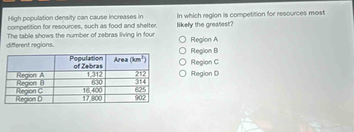 high population density can cause increases in competition for resources, such as food and shelter. the table shows the number of zebras living in four different regions.\n| |population of zebras|area (km²)| \n|--|--|--| \n|region a|1,312|212| \n|region b|630|314| \n|region c|16,400|625| \n|region d|17,800|902| \nin which region is competition for resources most likely the greatest?\n○ region a\n○ region b\n○ region c\n○ region d