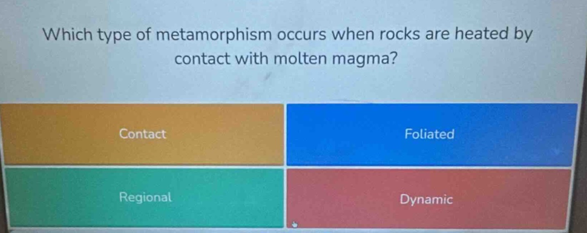which type of metamorphism occurs when rocks are heated by contact with molten magma? contact foliated regional dynamic