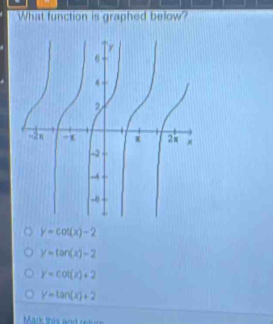 what function is graphed below?\no (y = cot(x)-2)\no (y=\tan(x)-2)\no (y = cot(x)+2)\no (y=\tan(x)+2)