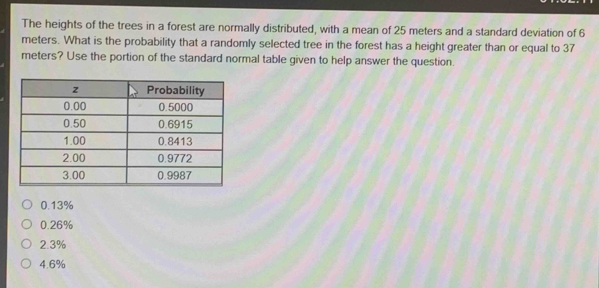 the heights of the trees in a forest are normally distributed, with a mean of 25 meters and a standard deviation of 6 meters. what is the probability that a randomly selected tree in the forest has a height greater than or equal to 37 meters? use the portion of the standard normal table given to help answer the question.\n| z | probability |\n| ---- | ---- |\n| 0.00 | 0.5000 |\n| 0.50 | 0.6915 |\n| 1.00 | 0.8413 |\n| 2.00 | 0.9772 |\n| 3.00 | 0.9987 |\n0.13%\n0.26%\n2.3%\n4.6%