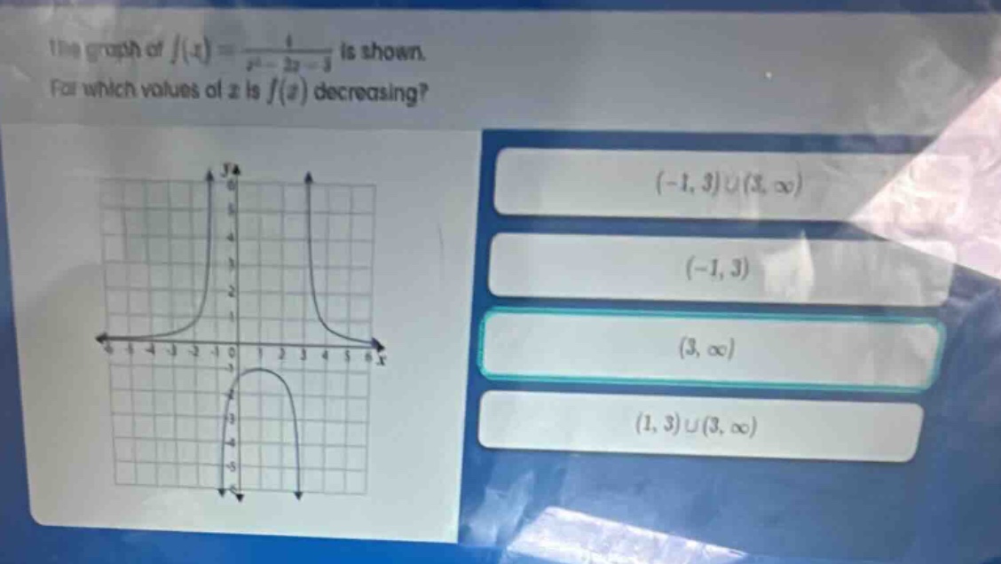 the graph of $f(x)=\frac{1}{x^{2}-2x - 3}$ is shown. for which values of $x$ is $f(x)$ decreasing?