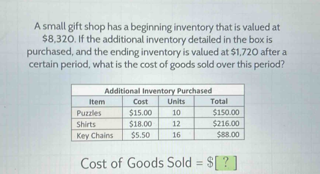 a small gift shop has a beginning inventory that is valued at $8,320. if the additional inventory detailed in the box is purchased, and the ending inventory is valued at $1,720 after a certain period, what is the cost of goods sold over this period?\n\n|additional inventory purchased|\n|----|----|----|----|\n|item|cost|units|total|\n|puzzles|$15.00|10|$150.00|\n|shirts|$18.00|12|$216.00|\n|key chains|$5.50|16|$88.00|\n\ncost of goods sold = $?