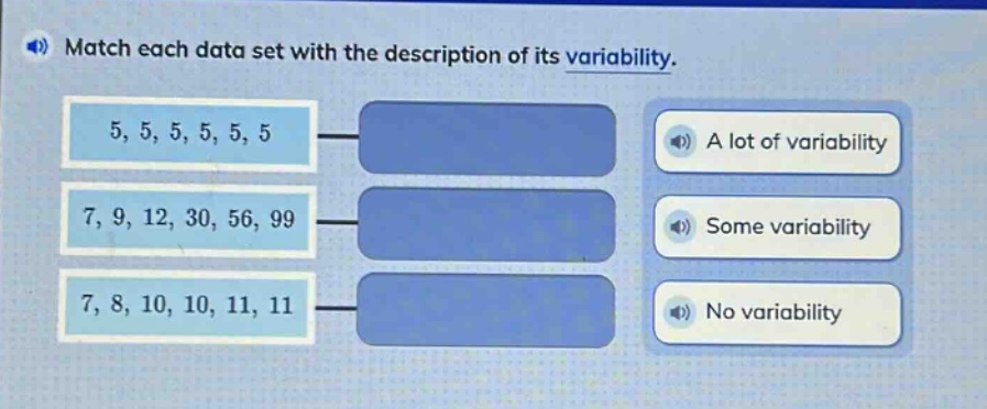 match each data set with the description of its variability.\n5, 5, 5, 5, 5, 5\n7, 9, 12, 30, 56, 99\n7, 8, 10, 10, 11, 11\na lot of variability\nsome variability\nno variability