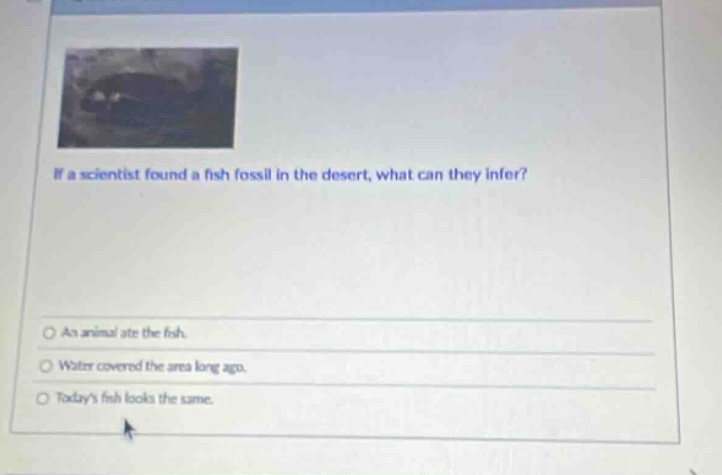 if a scientist found a fish fossil in the desert, what can they infer?\nan animal ate the fish.\nwater covered the area long ago.\ntodays fish looks the same.