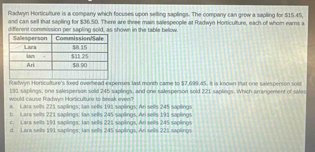 radwyn horticulture is a company which focuses upon selling saplings. the company can grow a sapling for $15.45, and can sell that sapling for $36.50. there are three main salespeople at radwyn horticulture, each of whom earns a different commission per sapling sold, as shown in the table below.\n|salesperson|commission/sale|\n|--|--|\n|lara|$8.15|\n|ian|$11.25|\n|ari|$8.90|\n\nradwyn horticultures fixed overhead expenses last month came to $7,699.45. it is known that one salesperson sold 191 saplings, one salesperson sold 245 saplings, and one salesperson sold 221 saplings. which arrangement of sales would cause radwyn horticulture to break even?\n a. lara sells 221 saplings; ian sells 191 saplings; ari sells 245 saplings\n b. lara sells 221 saplings; ian sells 245 saplings, ari sells 191 saplings\n c. lara sells 191 saplings; ian sells 221 saplings, ari sells 245 saplings\n d. lara sells 191 saplings; ian sells 245 saplings, ari sells 221 saplings