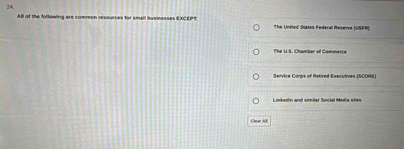24. all of the following are common resources for small businesses except: the united states federal reserve (usfr) the u.s. chamber of commerce service corps of retired executives (score) linkedin and similar social media sites clear all