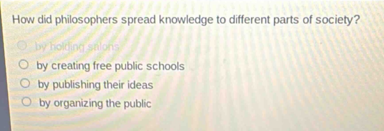 how did philosophers spread knowledge to different parts of society?\nby holding salons\nby creating free public schools\nby publishing their ideas\nby organizing the public