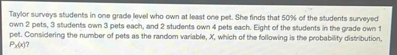 taylor surveys students in one grade level who own at least one pet. she finds that 50% of the students surveyed own 2 pets, 3 students own 3 pets each, and 2 students own 4 pets each. eight of the students in the grade own 1 pet. considering the number of pets as the random variable, x, which of the following is the probability distribution, $p_x(x)$?