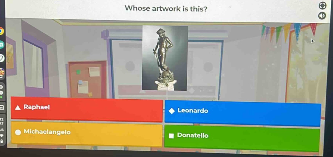 whose artwork is this?\nraphael\nleonardo\nmichaelangelo\ndonatello