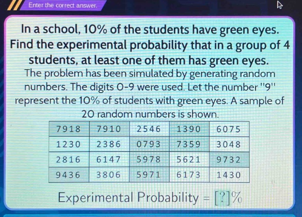 in a school, 10% of the students have green eyes. find the experimental probability that in a group of 4 students, at least one of them has green eyes. the problem has been simulated by generating random numbers. the digits 0 - 9 were used. let the number \9\ represent the 10% of students with green eyes. a sample of 20 random numbers is shown.\n7918 7910 2546 1390 6075\n1230 2386 0793 7359 3048\n2816 6147 5978 5621 9732\n9436 3806 5971 6173 1430\nexperimental probability = ?%