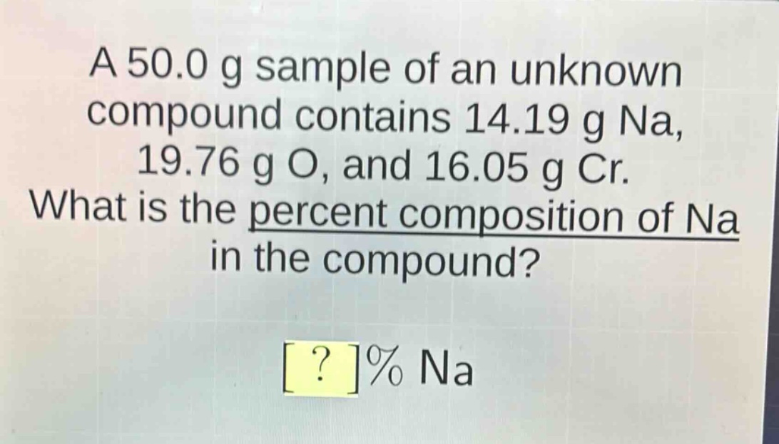 a 50.0 g sample of an unknown compound contains 14.19 g na, 19.76 g o, and 16.05 g cr. what is the percent composition of na in the compound? ?% na