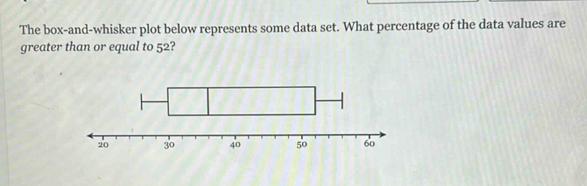 the box - and - whisker plot below represents some data set. what percentage of the data values are greater than or equal to 52?