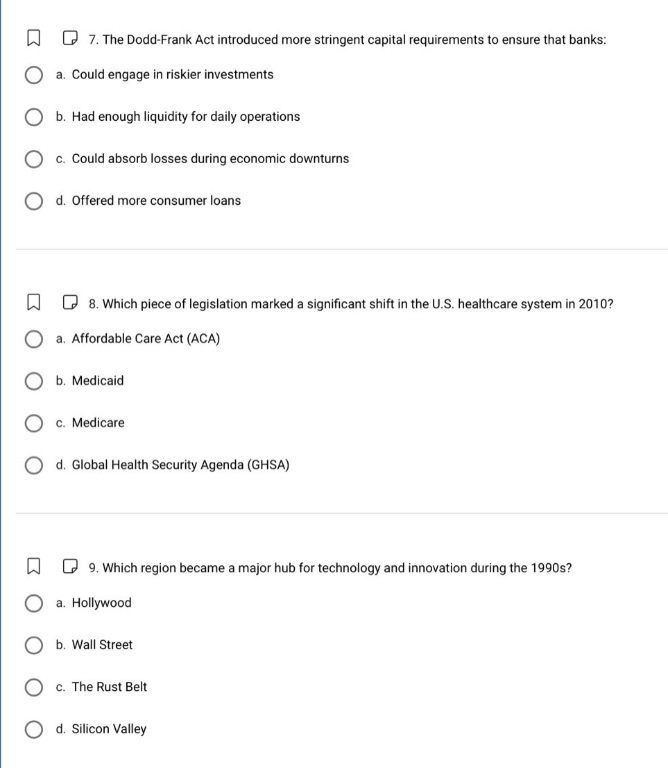 7. the dodd - frank act introduced more stringent capital requirements to ensure that banks:\n a. could engage in riskier investments\n b. had enough liquidity for daily operations\n c. could absorb losses during economic downturns\n d. offered more consumer loans\n8. which piece of legislation marked a significant shift in the u.s. healthcare system in 2010?\n a. affordable care act (aca)\n b. medicaid\n c. medicare\n d. global health security agenda (ghsa)\n9. which region became a major hub for technology and innovation during the 1990s?\n a. hollywood\n b. wall street\n c. the rust belt\n d. silicon valley