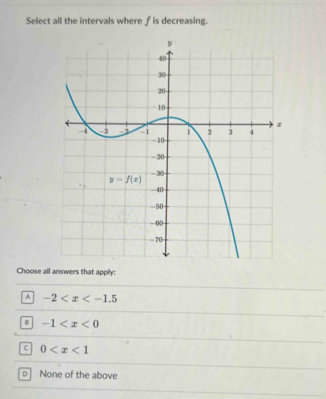 select all the intervals where f is decreasing.\nchoose all answers that apply:\na -2 < x < -1.5\nb -1 < x < 0\nc 0 < x < 1\nd none of the above