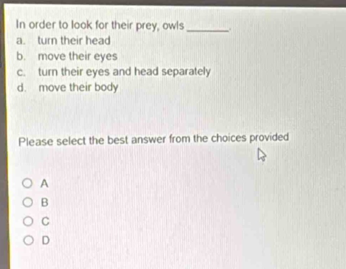 in order to look for their prey, owls ________. a. turn their head b. move their eyes c. turn their eyes and head separately d. move their body please select the best answer from the choices provided