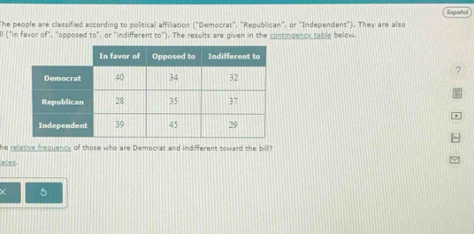 the people are classified according to political affiliation (\democrat\, \republican\, or \independent\). they are also classified according to their opinion on a bill (\in favor of\, \opposed to\, or \indifferent to\). the results are given in the contingency table below.\n| | in favor of | opposed to | indifferent to |\n|--|--|--|--|\n| democrat | 40 | 34 | 32 |\n| republican | 28 | 35 | 37 |\n| independent | 39 | 45 | 29 |\nwhat is the relative frequency of those who are democrat and indifferent toward the bill?