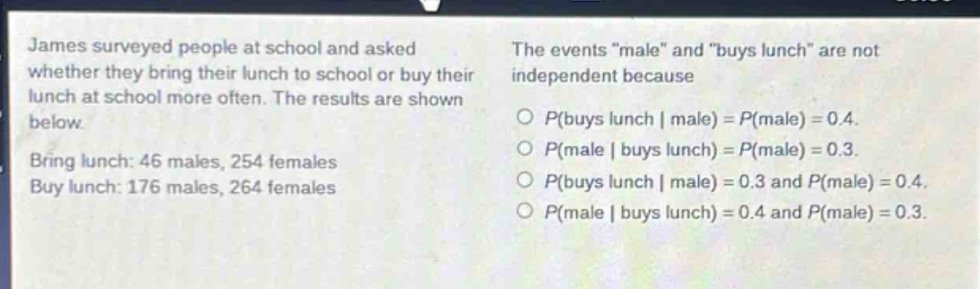 james surveyed people at school and asked whether they bring their lunch to school or buy their lunch at school more often. the results are shown below. bring lunch: 46 males, 254 females buy lunch: 176 males, 264 females the events \male\ and \buys lunch\ are not independent because o $p(buys lunch | male)=p(male)=0.4$. o $p(male | buys lunch)=p(male)=0.3$. o $p(buys lunch | male)=0.3$ and $p(male)=0.4$. o $p(male | buys lunch)=0.4$ and $p(male)=0.3$.