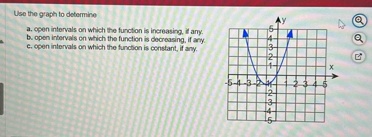 use the graph to determine\na. open intervals on which the function is increasing, if any.\nb. open intervals on which the function is decreasing, if any.\nc. open intervals on which the function is constant, if any.