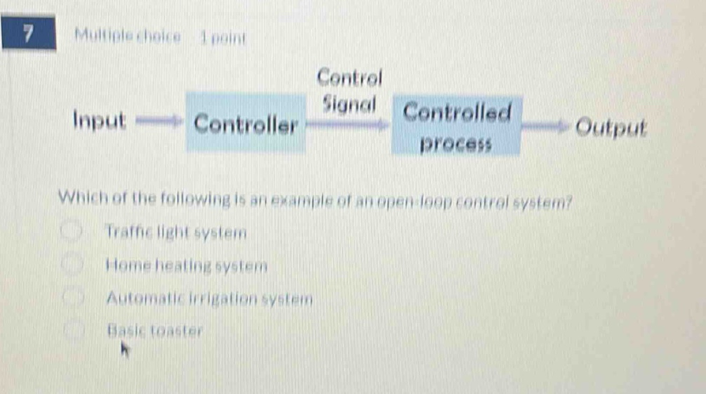 7 multiple choice 1 point\ninput → controller → control signal → controlled process → output\nwhich of the following is an example of an open - loop control system?\ntraffic light system\nhome heating system\nautomatic irrigation system\nbasic toaster
